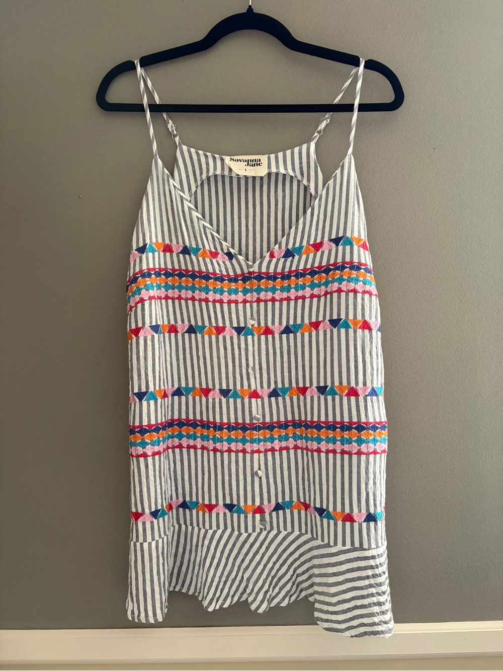 Savanna Jane Tank Top Vertical Stripe Colorful Embroidered Adjustable Strap Boho